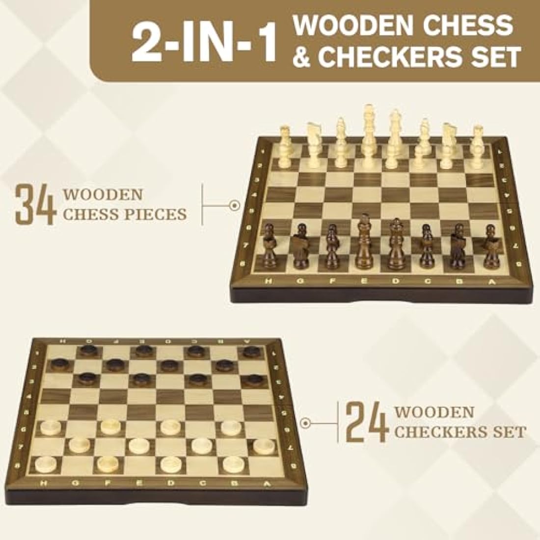 Peradix 2-in-1 Magnetic Wooden Chess and Checkers Set – 15" Foldable Board