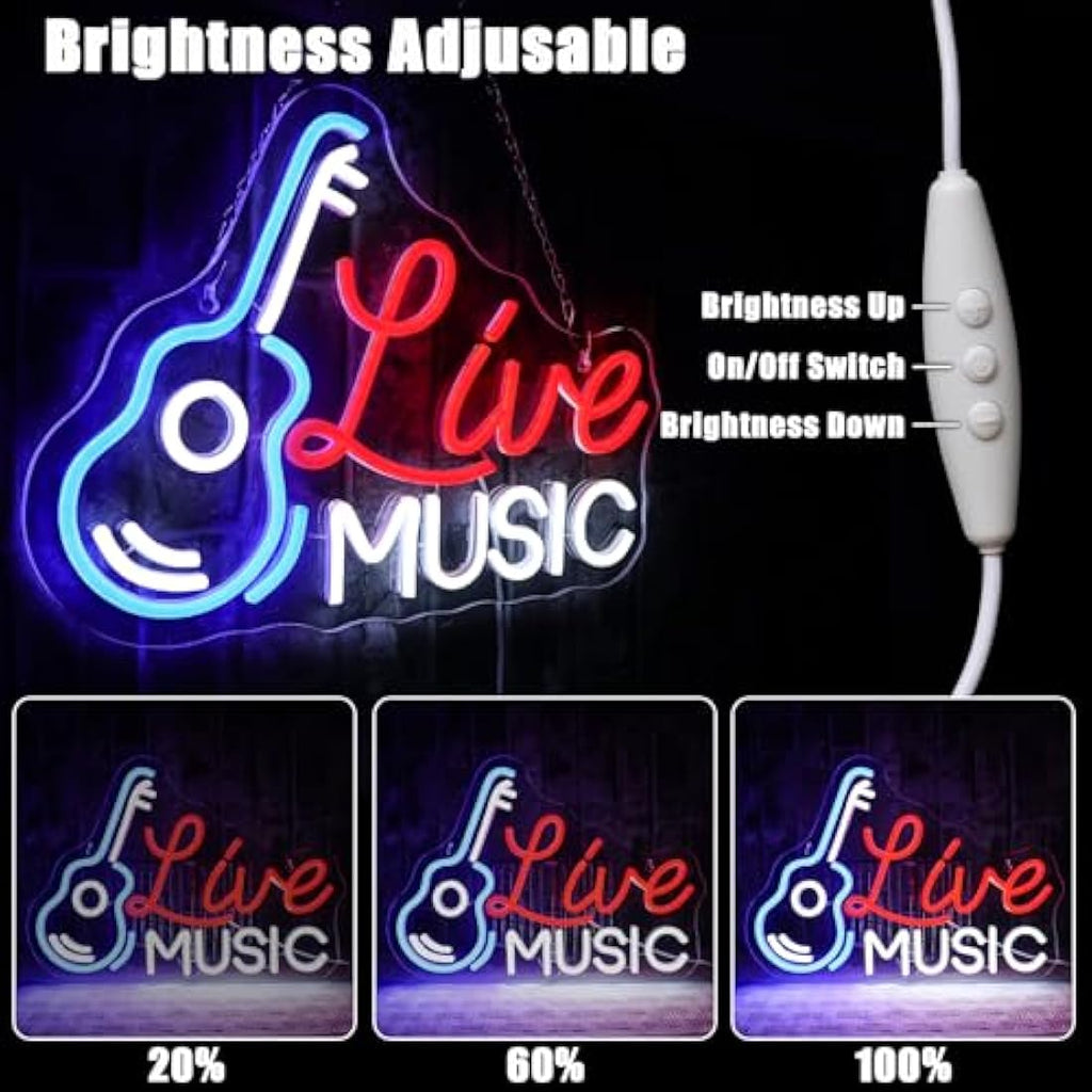 Live Music Guitar Neon Sign - Dimmable LED Wall Decor