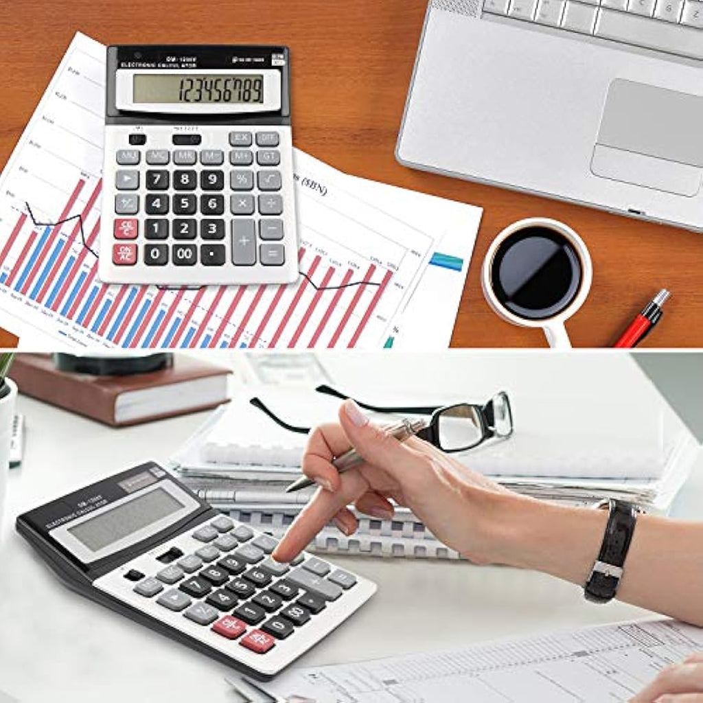 HIHUHEN 12-Digit Desktop Calculator – Solar & Battery Power – Big Button