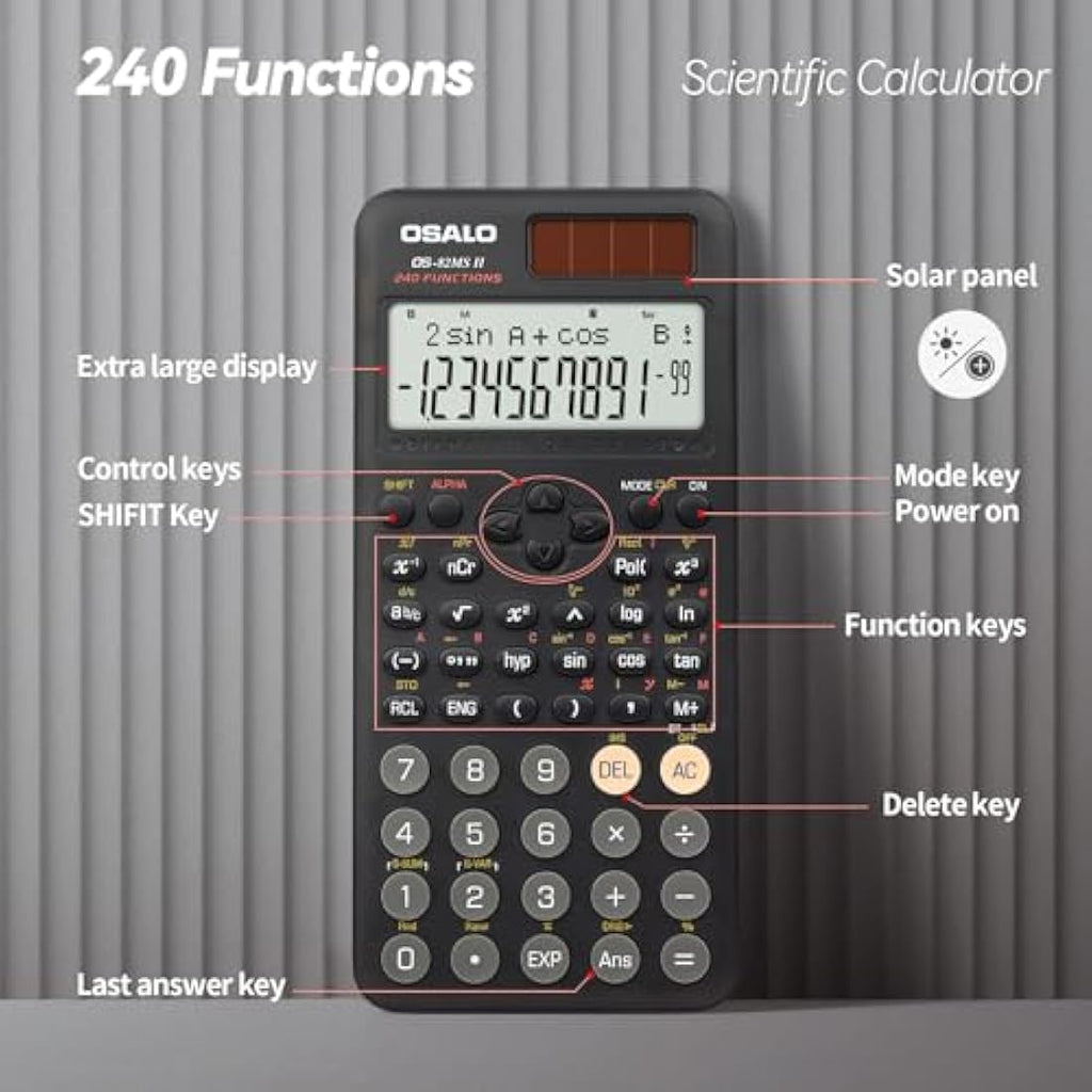 OSALO Scientific Calculator | 240 Functions 2-Line Display Solar Power