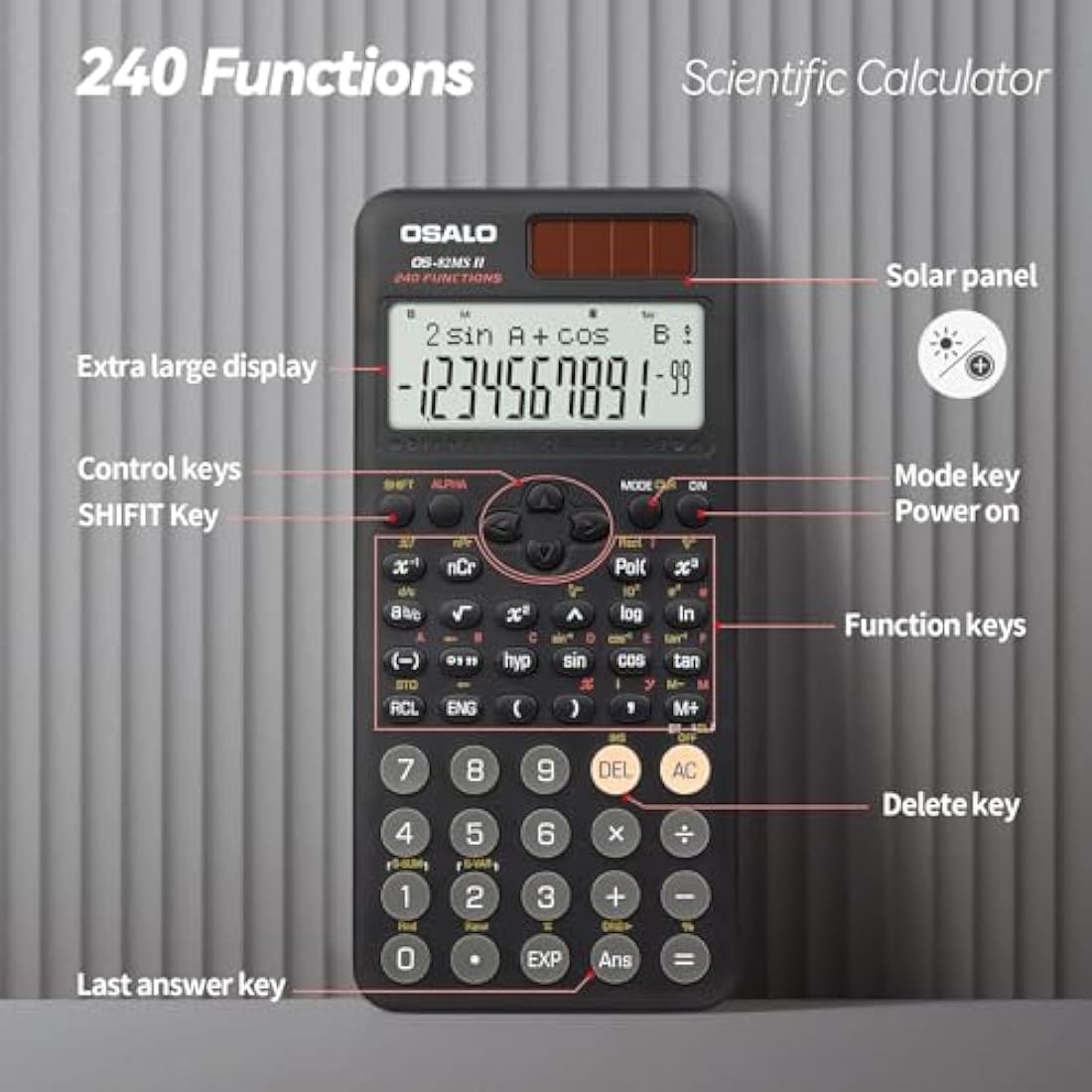 OSALO Scientific Calculator | 240 Functions 2-Line Display Solar Power