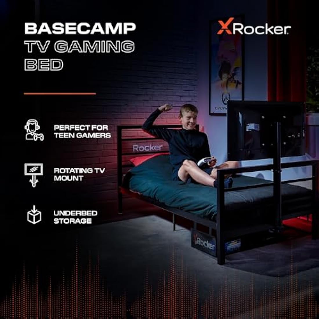 X Rocker Basecamp Single Gaming Bed with Rotating TV Mount - Black Metal