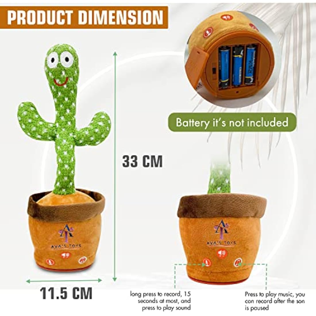 Ava's Toys Dancing Cactus | Volume Control Talking & Singing Plush Toy
