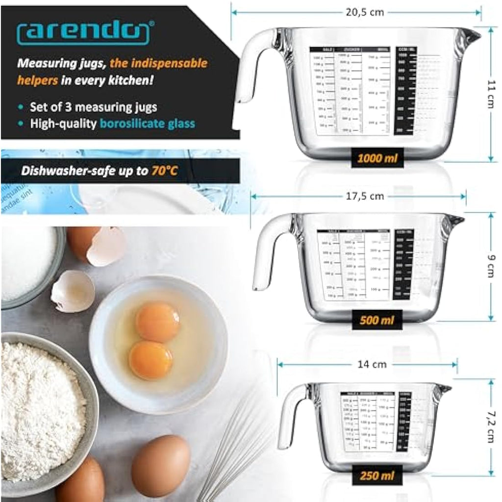 Arendo Borosilicate Glass Measuring Jug Set - 250ml, 500ml, 1000ml