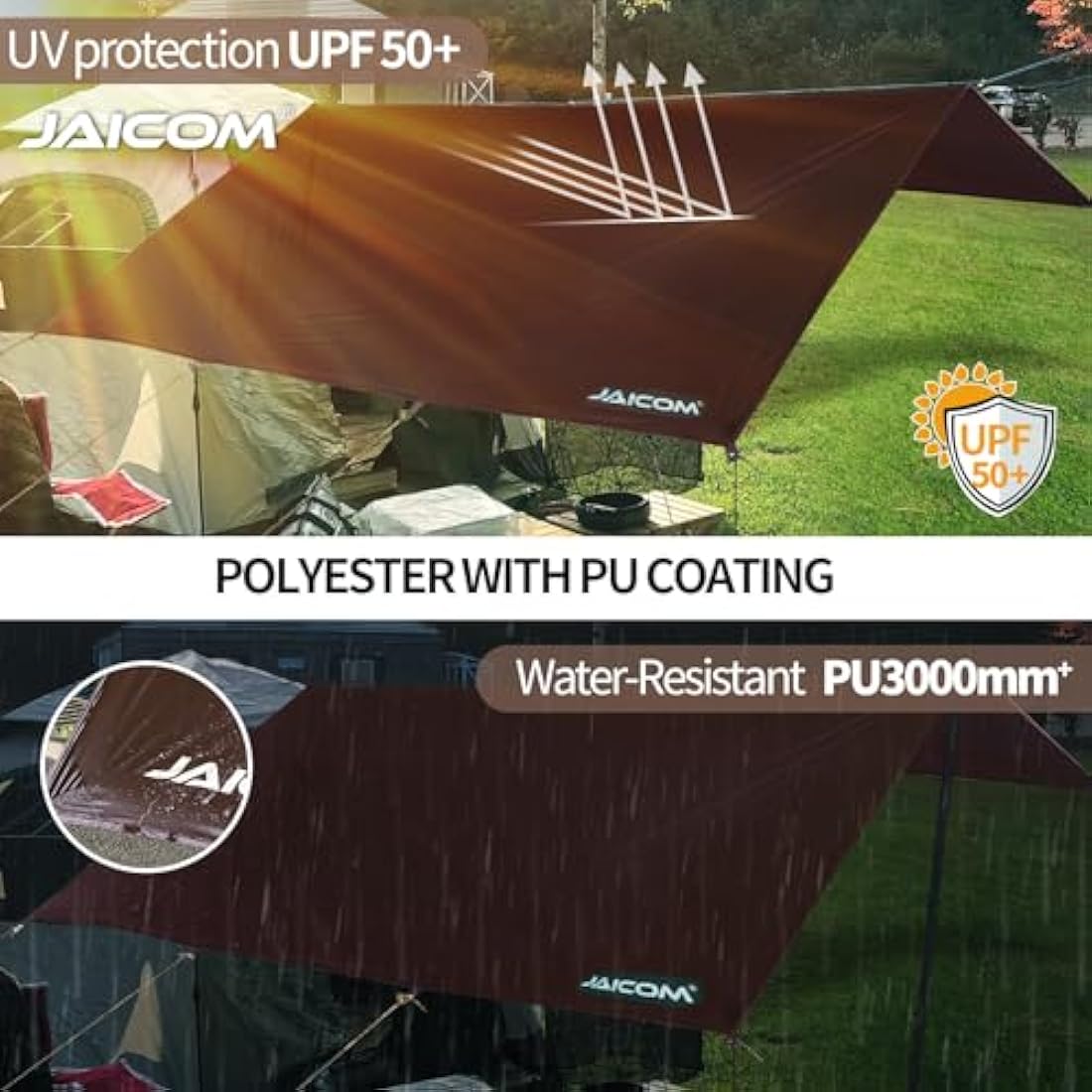 JAICOM Waterproof Camping Tarp | 3x5m PU3000mm UV Shelter - Brown
