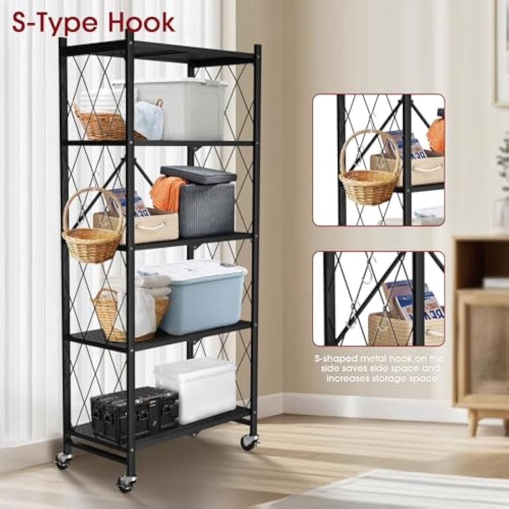 5-Tier Foldable Rolling Storage Rack | Heavy Duty Steel Shelf