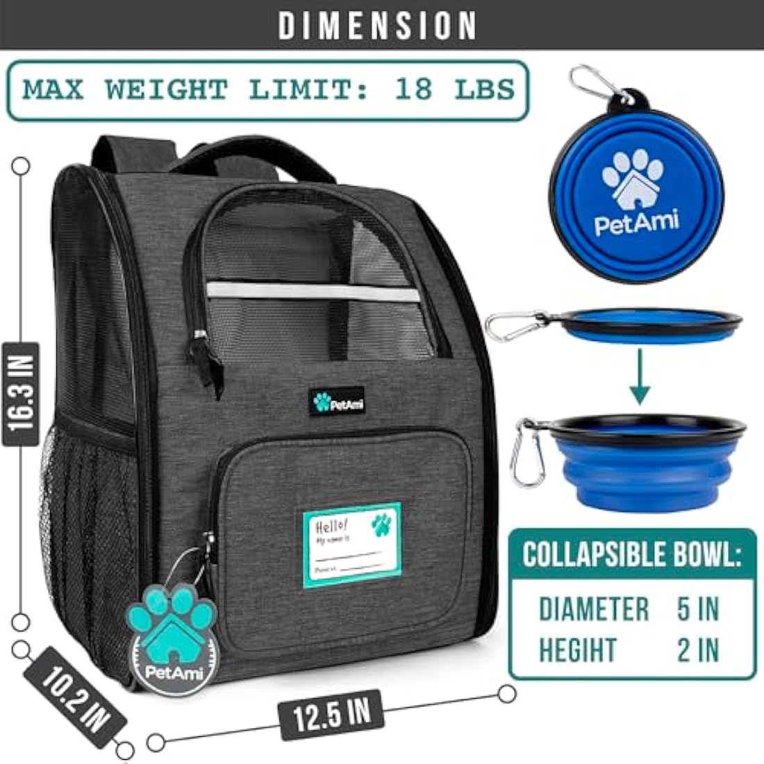 PetAmi Airline Approved Dog Backpack Carrier | Ventilated Hiking Bag, Charcoal