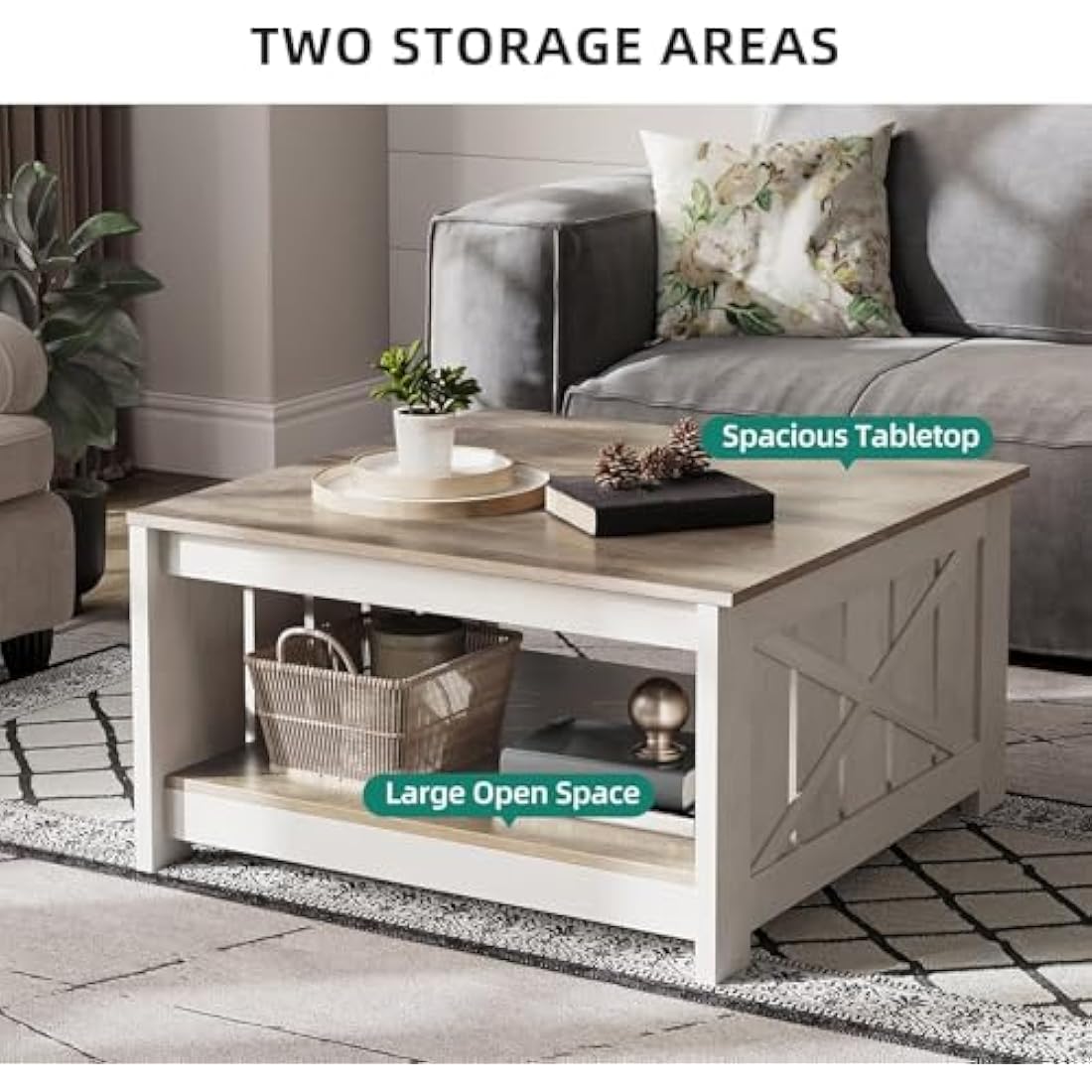 YITAHOME Square Farmhouse Coffee Table – Grey Wash Wood with Storage