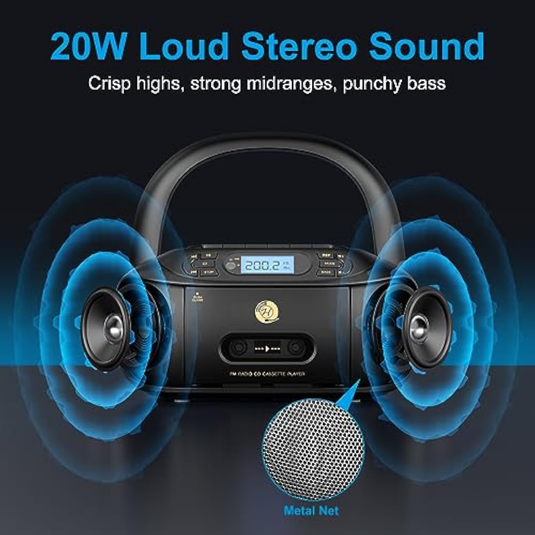 Hernido Portable CD Cassette Player Boombox | Rechargeable FM Radio Stereo