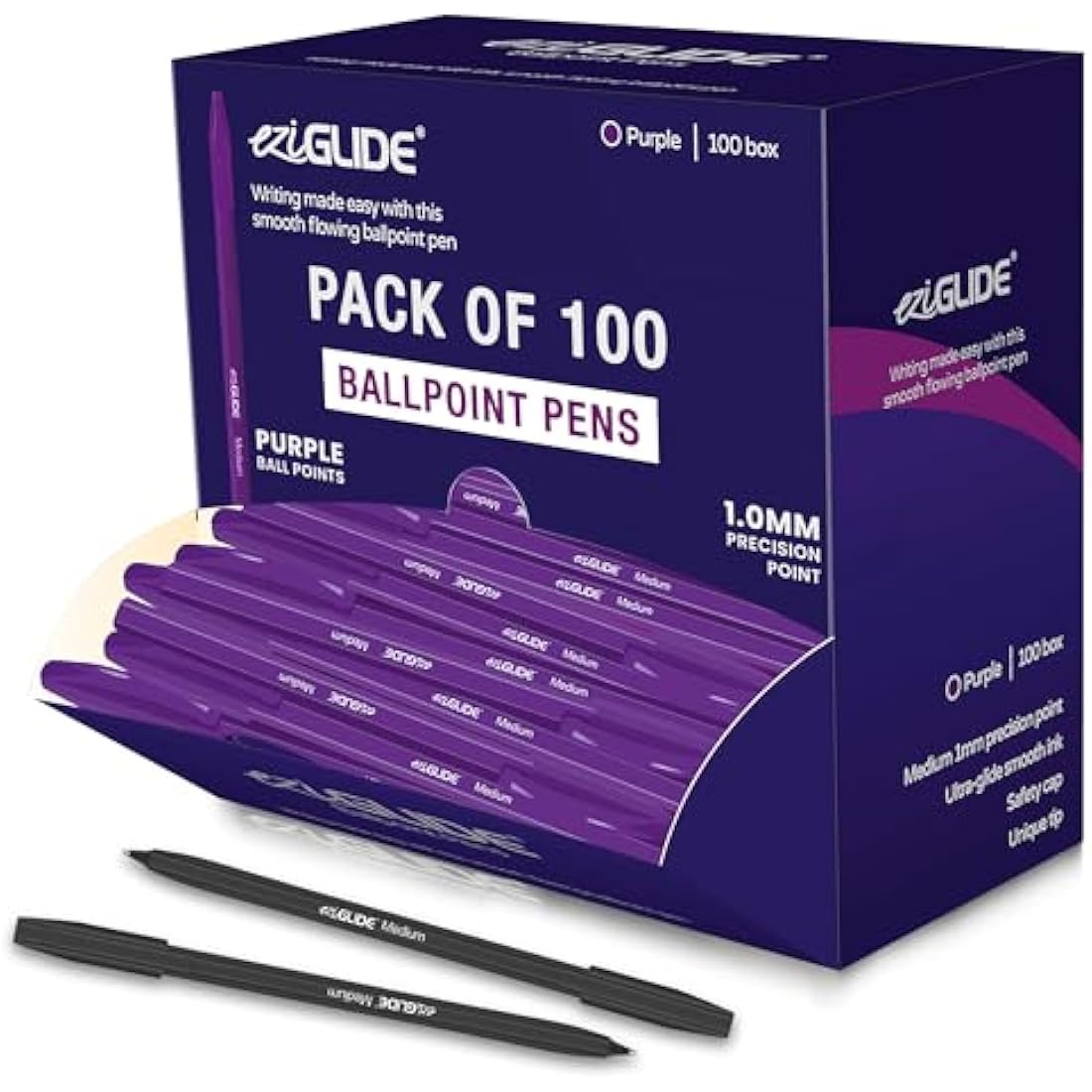 Eziglide Purple Ballpoint Pens – 100-Pack Bulk Set, 1.0mm Medium Nib