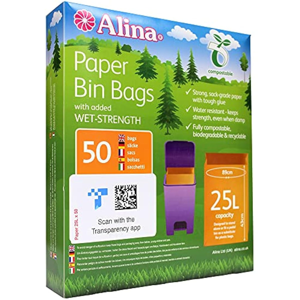 Alina 25L Compostable Paper Bin Bags – Brown Biodegradable Liners (50 Pack)