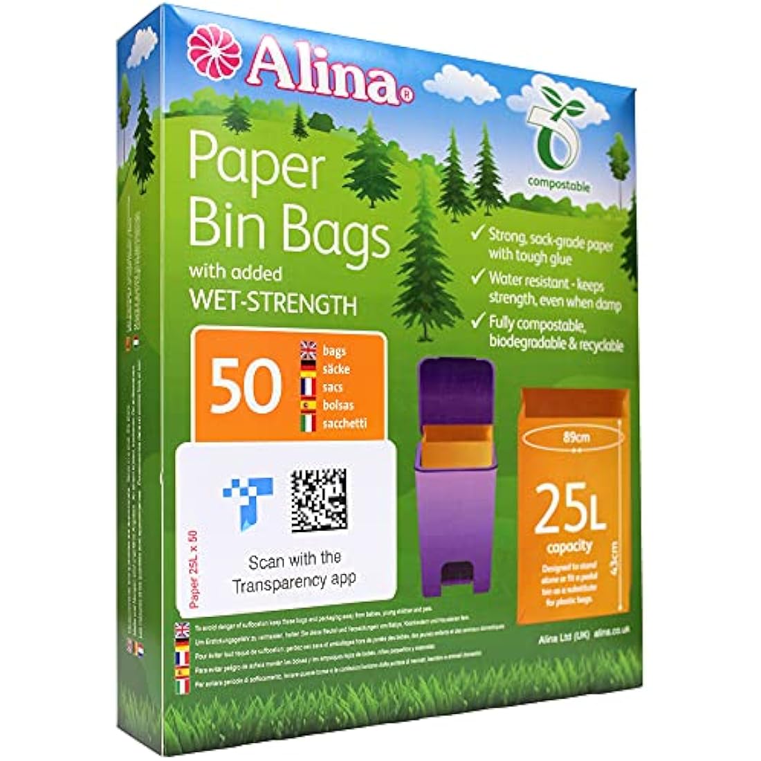 Alina 25L Compostable Paper Bin Bags – Brown Biodegradable Liners (50 Pack)