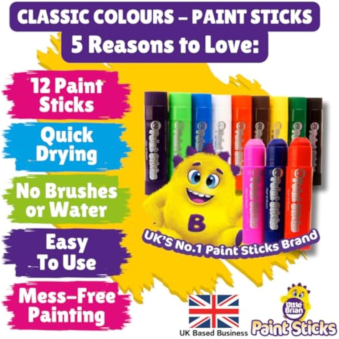 Little Brian Paint Sticks – 12 Pack Assorted Mess-Free Kids Art Supplies