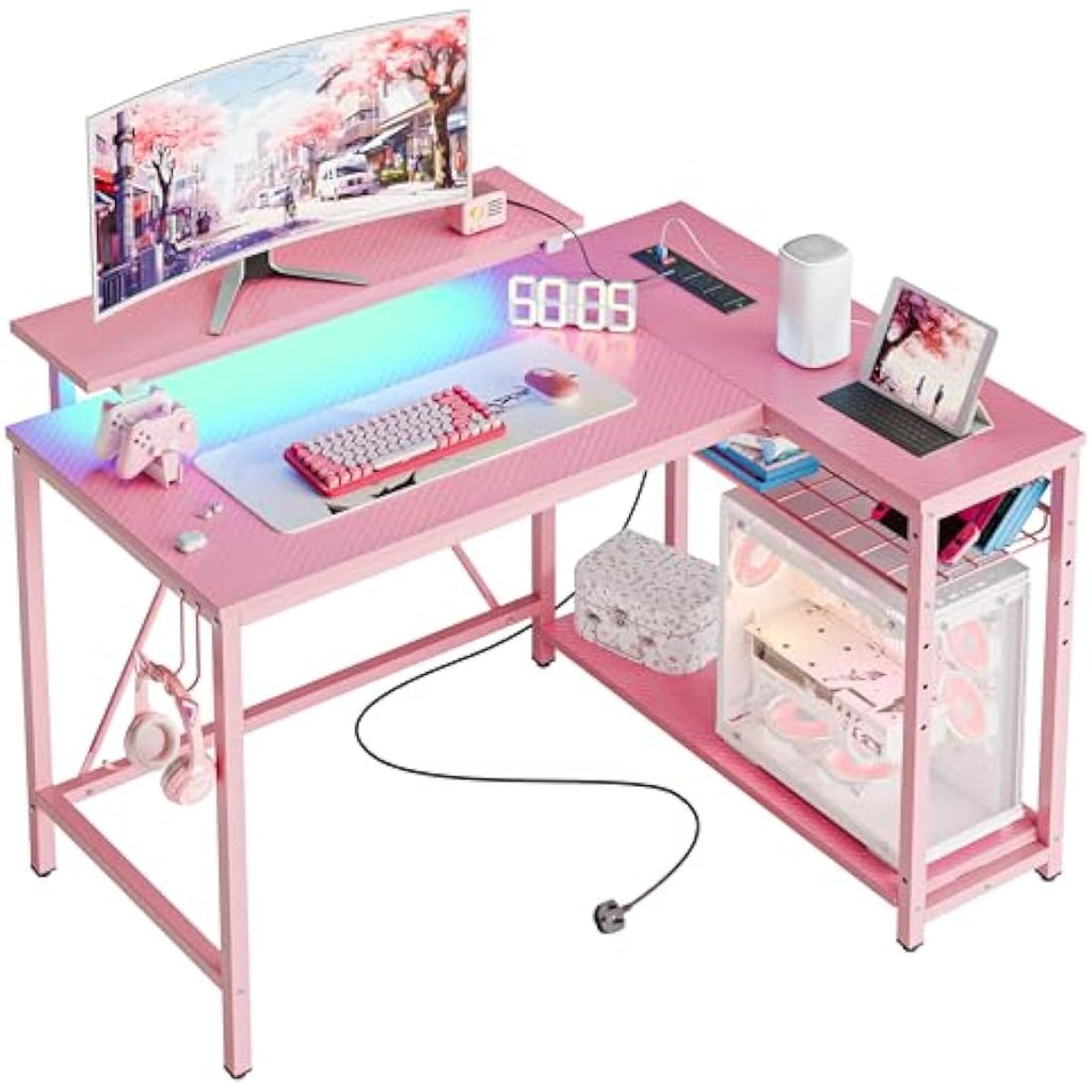 Bestier Pink L-Shaped Gaming Desk with LED Lights and Power Outlets