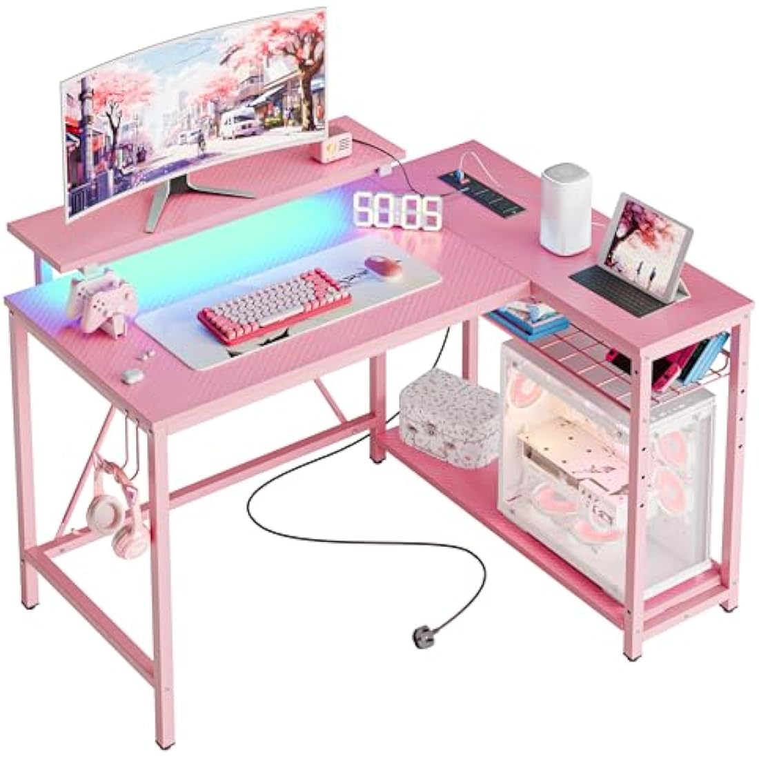 Bestier Pink L-Shaped Gaming Desk with LED Lights and Power Outlets
