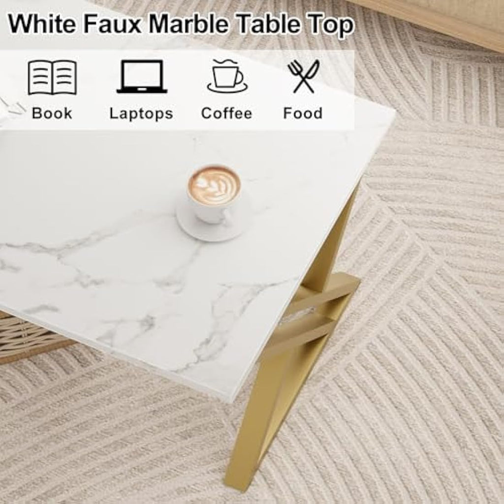 Jolof Store Modern Rectangular Coffee Table | White & Gold Metal Frame