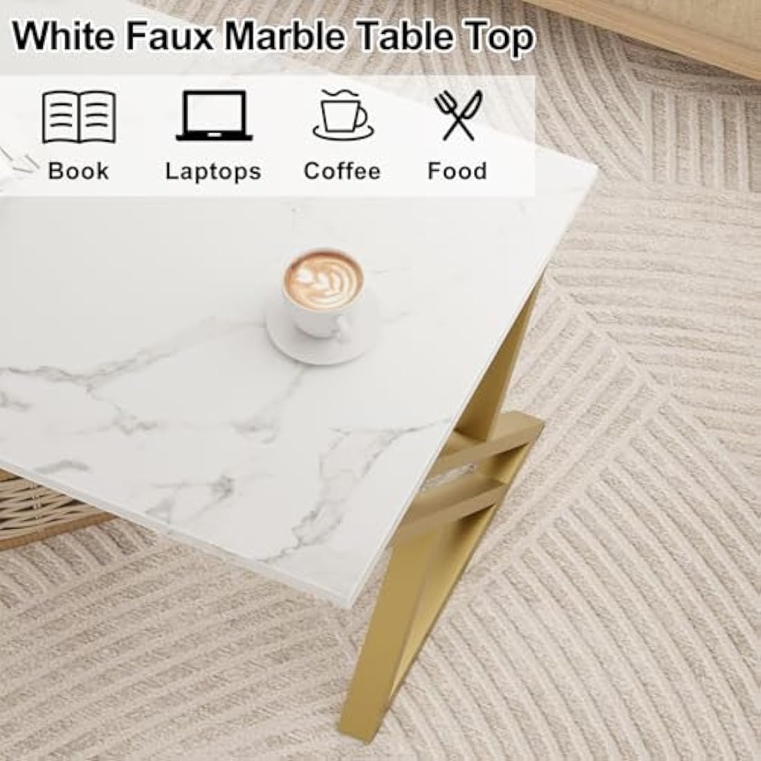 Jolof Store Modern Rectangular Coffee Table | White & Gold Metal Frame