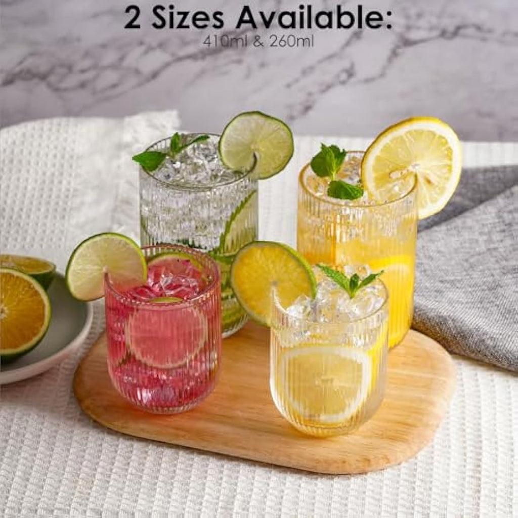 TKNO Ribbed Highball Glasses – 410ml Origami Style Fluted Tumblers, Set of 6