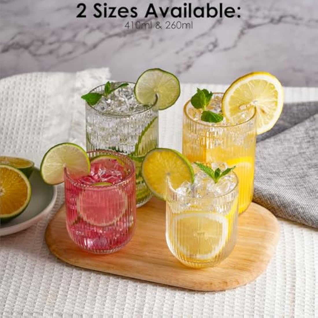 TKNO Ribbed Highball Glasses – 410ml Origami Style Fluted Tumblers, Set of 6