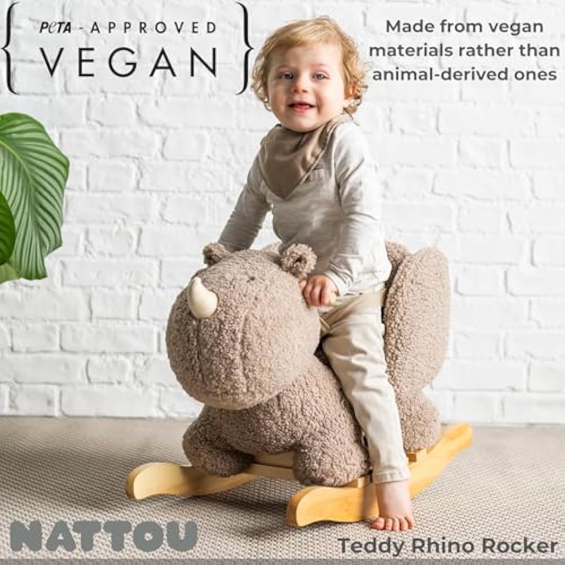 Nattou Taupe Rhino Wooden Rocker – Padded Vegan Teddy Fabric Seat