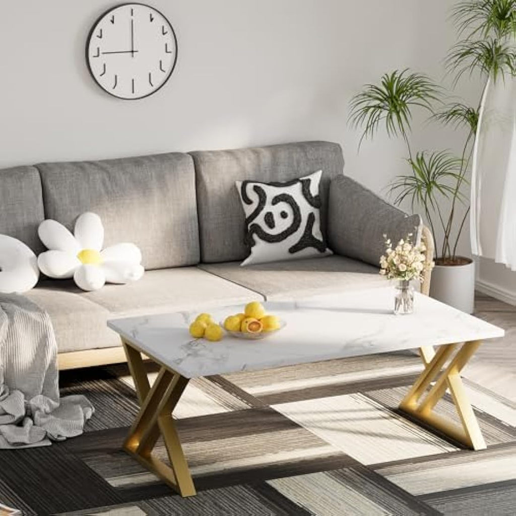 Jolof Store Modern Rectangular Coffee Table | White & Gold Metal Frame