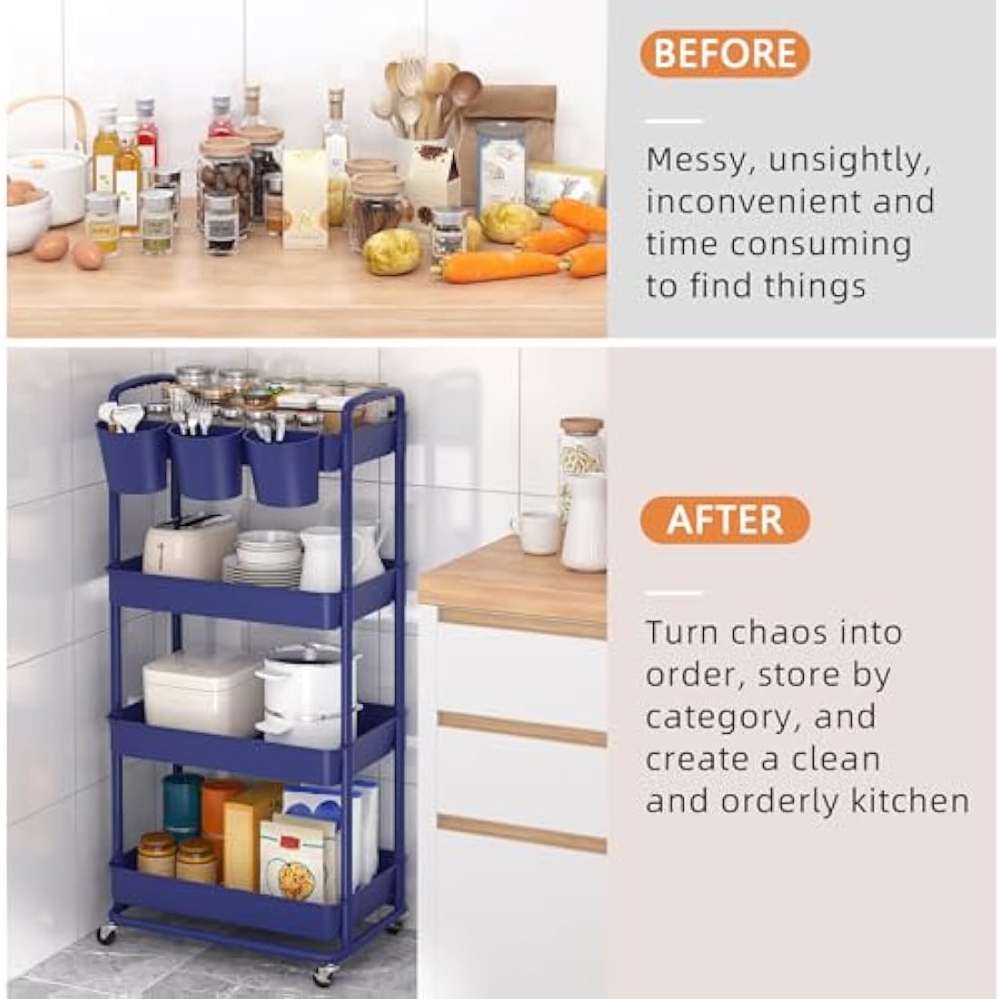 JIUYOTREE 4-Tier Rolling Utility Cart with Hanging Cups and Wheels - Blue