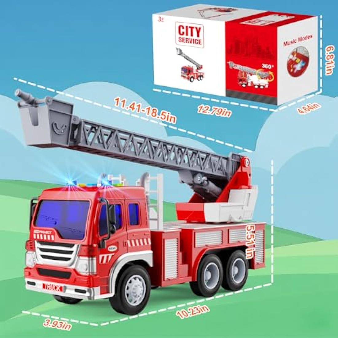 TOYABI Large Fire Truck Toy with Rescue Ladder, Lights and Sound