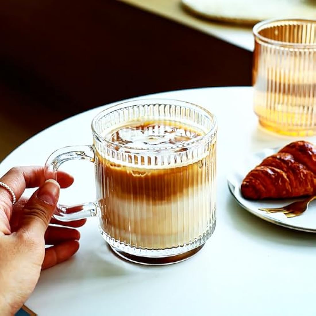 Glass Coffee Mugs – 6 Pack Striped 340ml Tea Cup Set