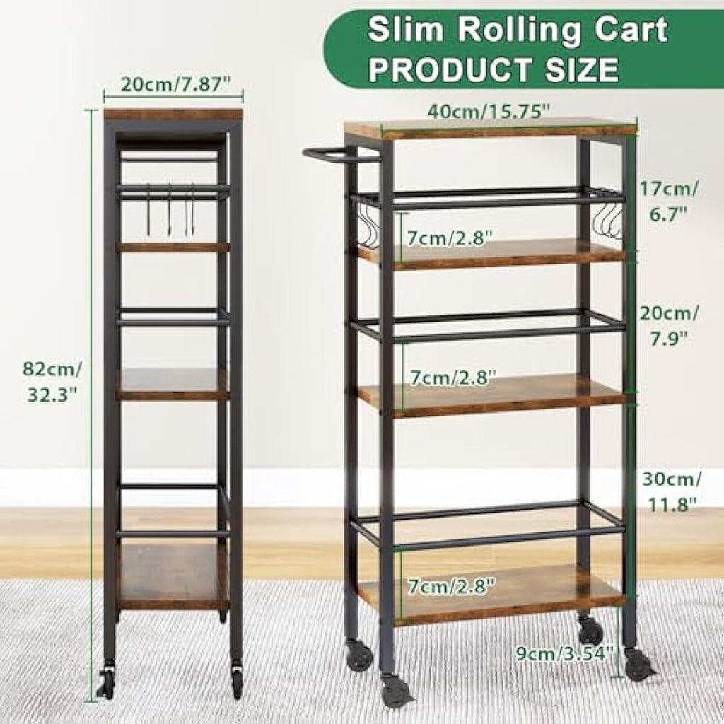 IBUYKE 4-Tier Slim Rolling Cart | Narrow Metal Storage Trolley, Rustic Brown