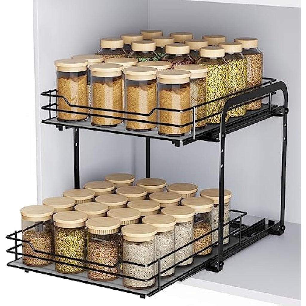 Pull Out Spice Rack – 2-Tier Adjustable Metal Cabinet Organizer