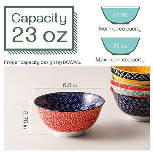 DOWAN Porcelain Cereal Bowls Set of 6 | 680ml Deep Soup & Salad Bowls