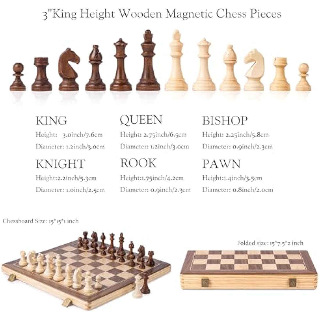 A&A 15" Magnetic Wooden Chess Set | Folding Board with Staunton Pieces