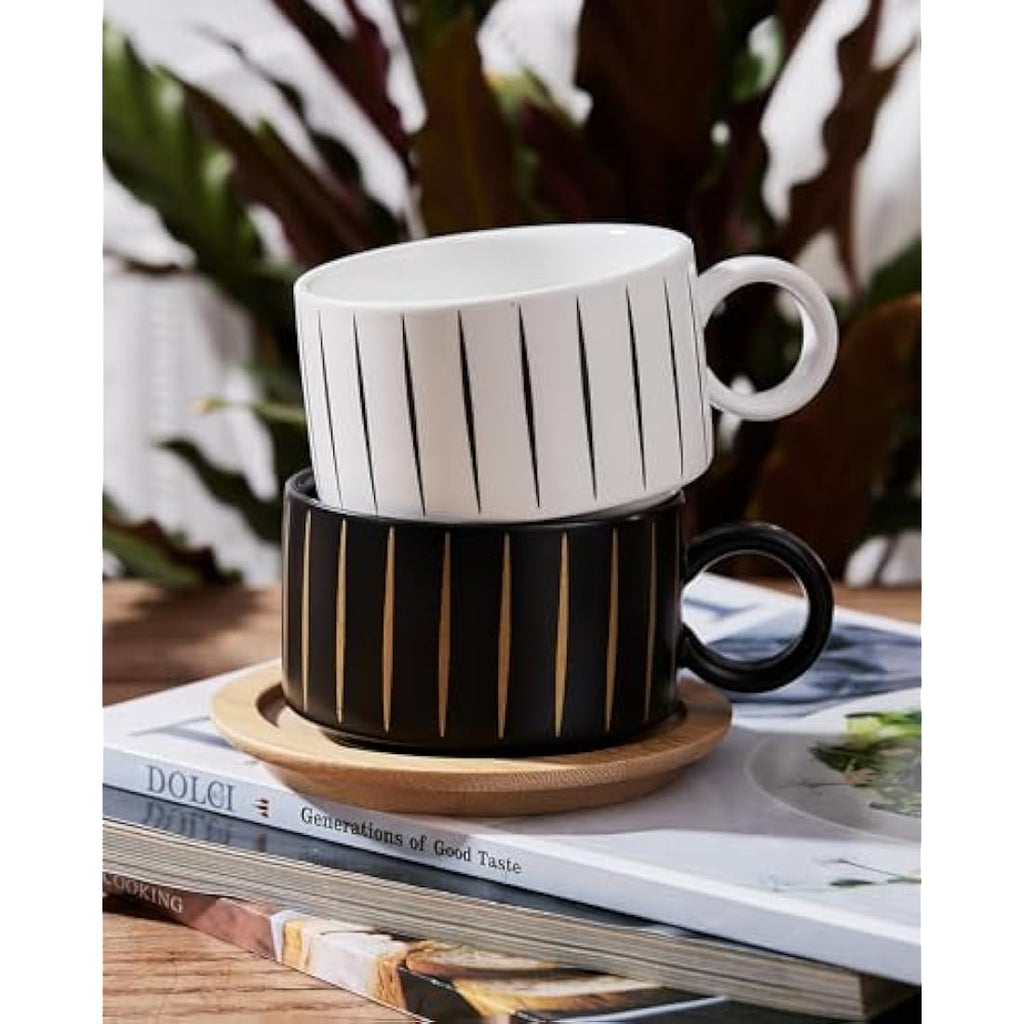 Stackable Ceramic Coffee Cup Set with Saucers & Stand