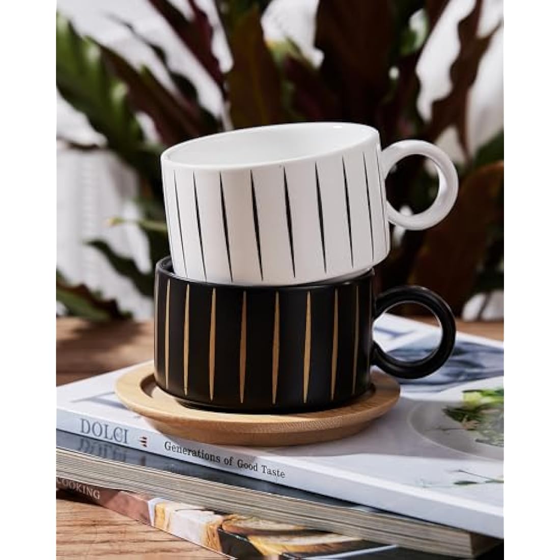 Stackable Ceramic Coffee Cup Set with Saucers & Stand