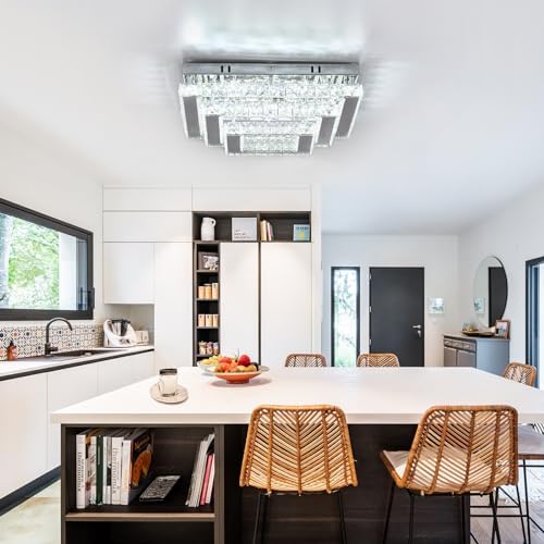 Finktonglan 15” Square Crystal LED Flush Mount Ceiling Light – 6500K