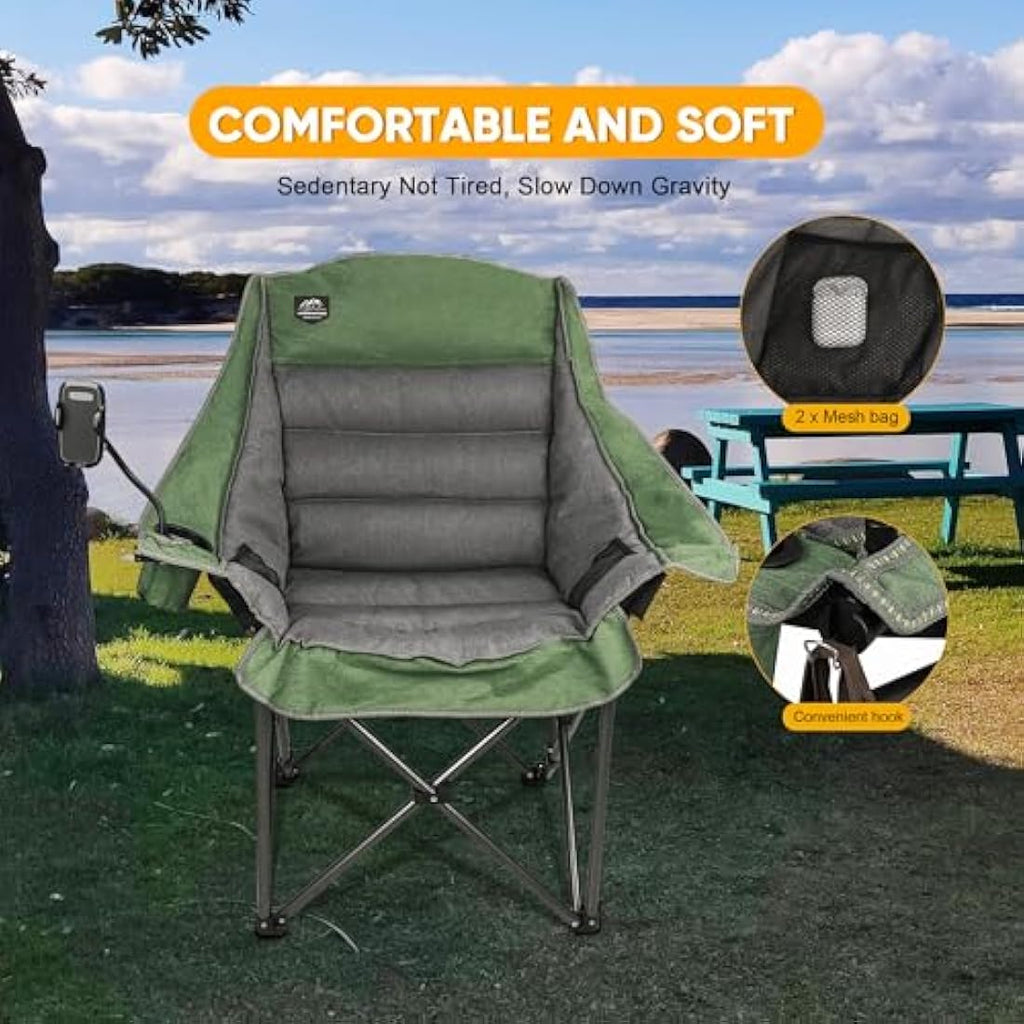LANMOUNTAIN Oversized Folding Camping Chair - Heavy Duty 400lbs Padded Green