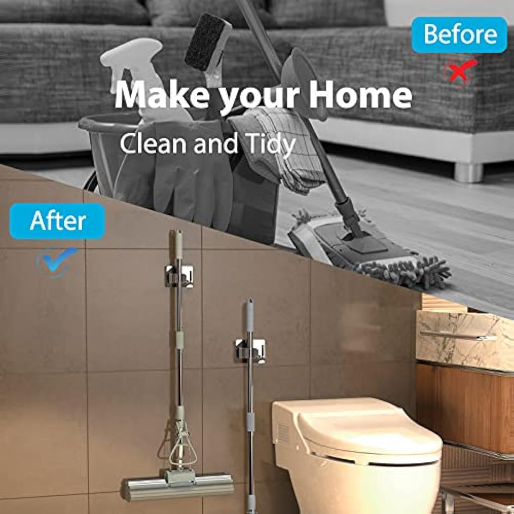 Homeasy Mop and Broom Holder – 4 Pcs Stainless Steel Wall Mounted Hanger