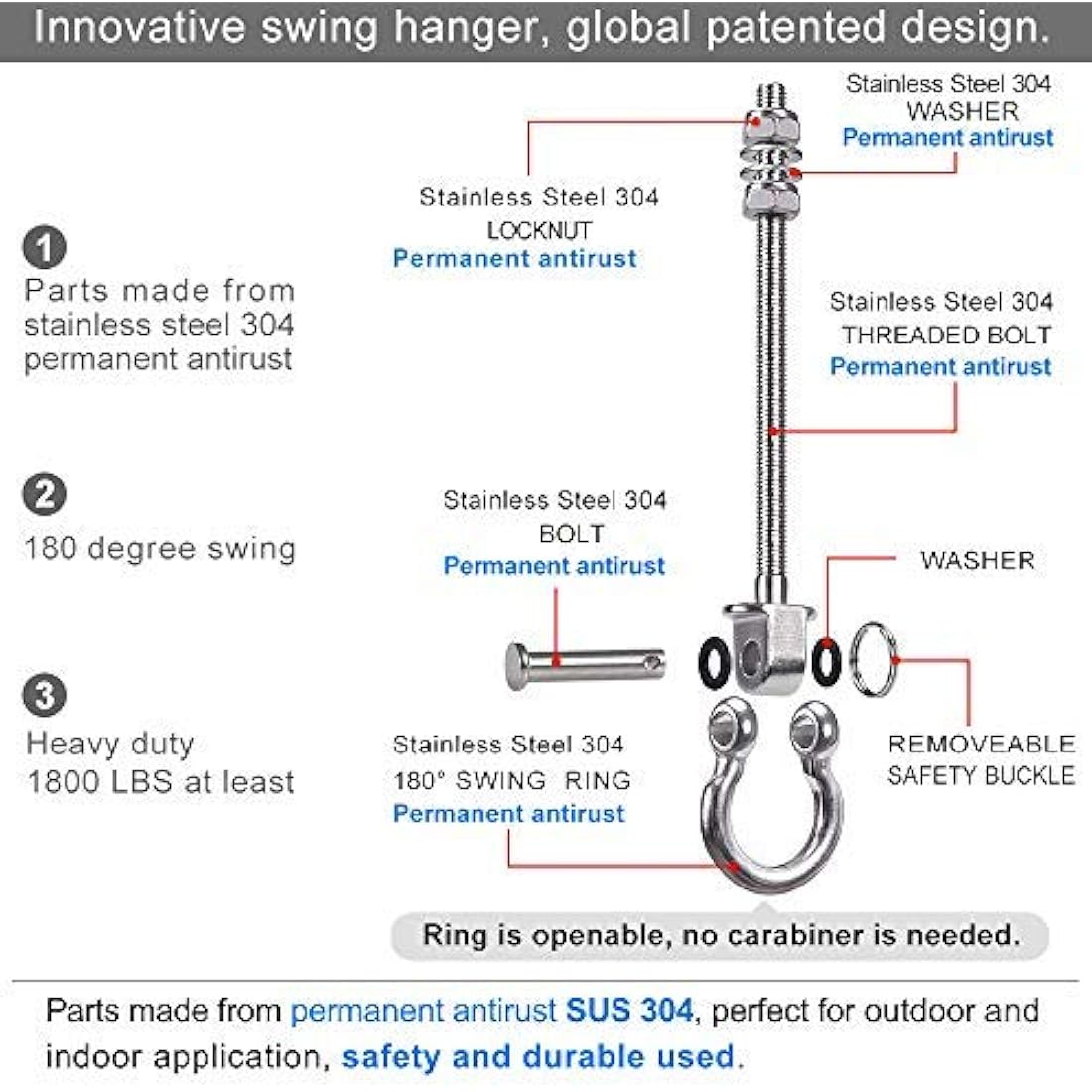 SELEWARE 304 Stainless Steel Swing Hangers – Heavy Duty Hammock Hooks, 6 Pack
