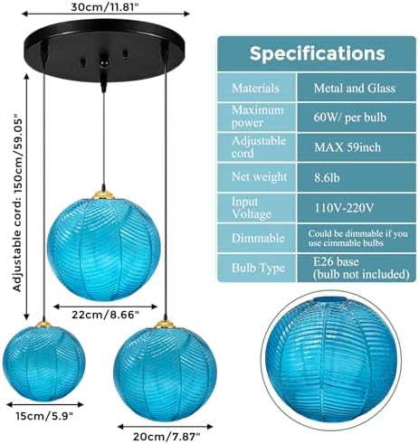 3-Light Blue Ribbed Glass Pendant Light | Modern Globe Chandelier