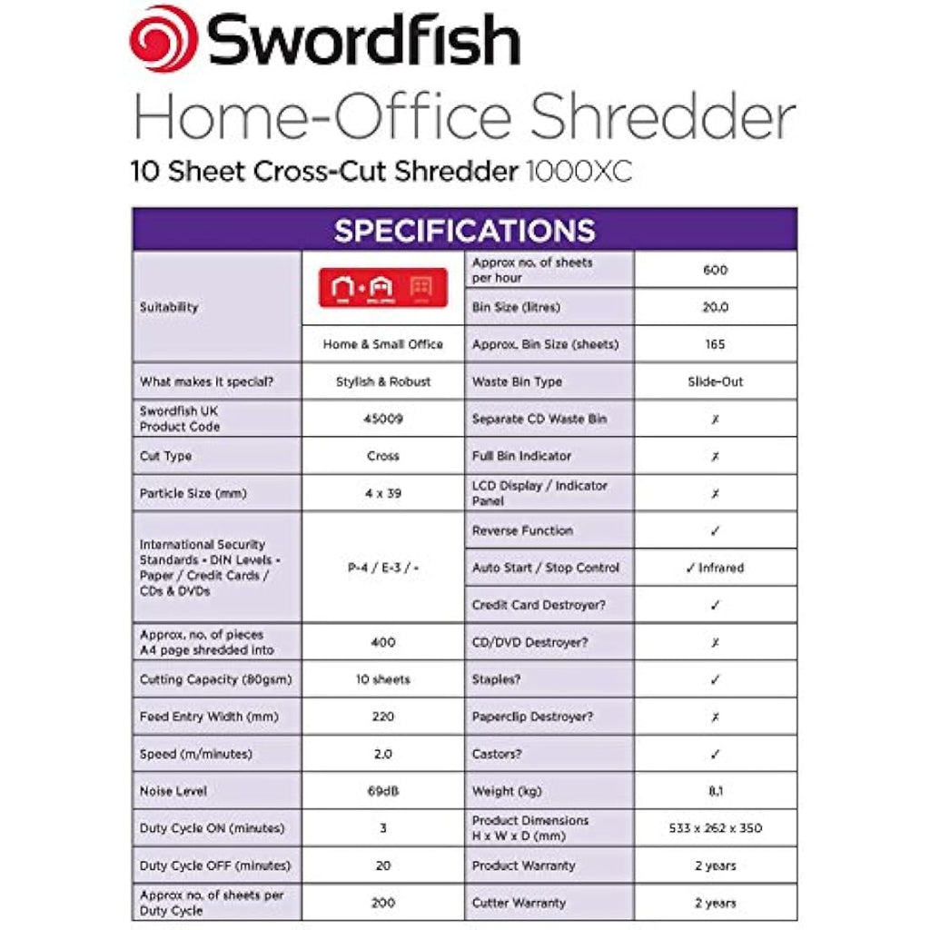 Swordfish 1000XC Cross-Cut Paper Shredder | 10 Sheet, 20L Bin