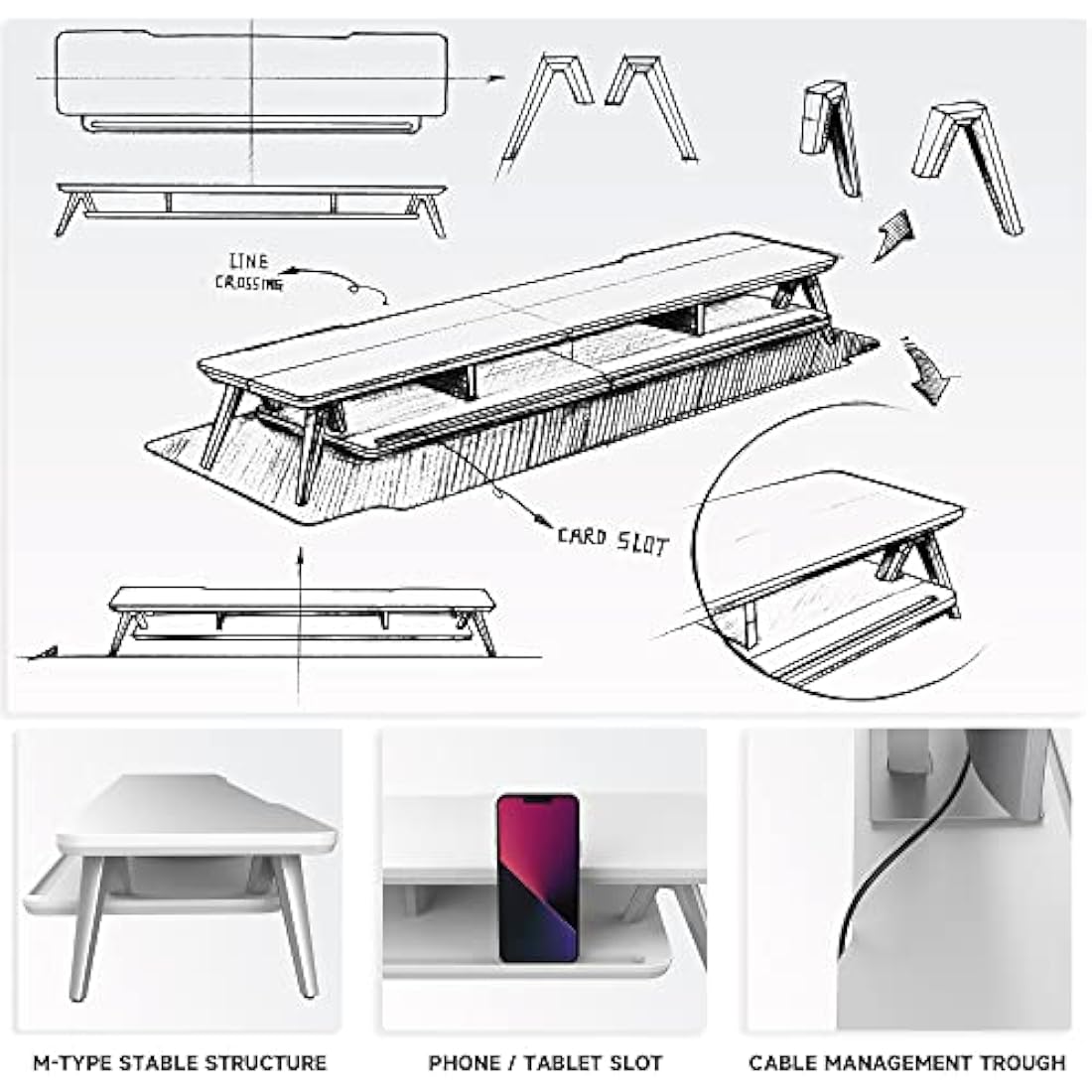 Fenge Dual Monitor Stand Riser – 108cm Large Desk Organizer (White)