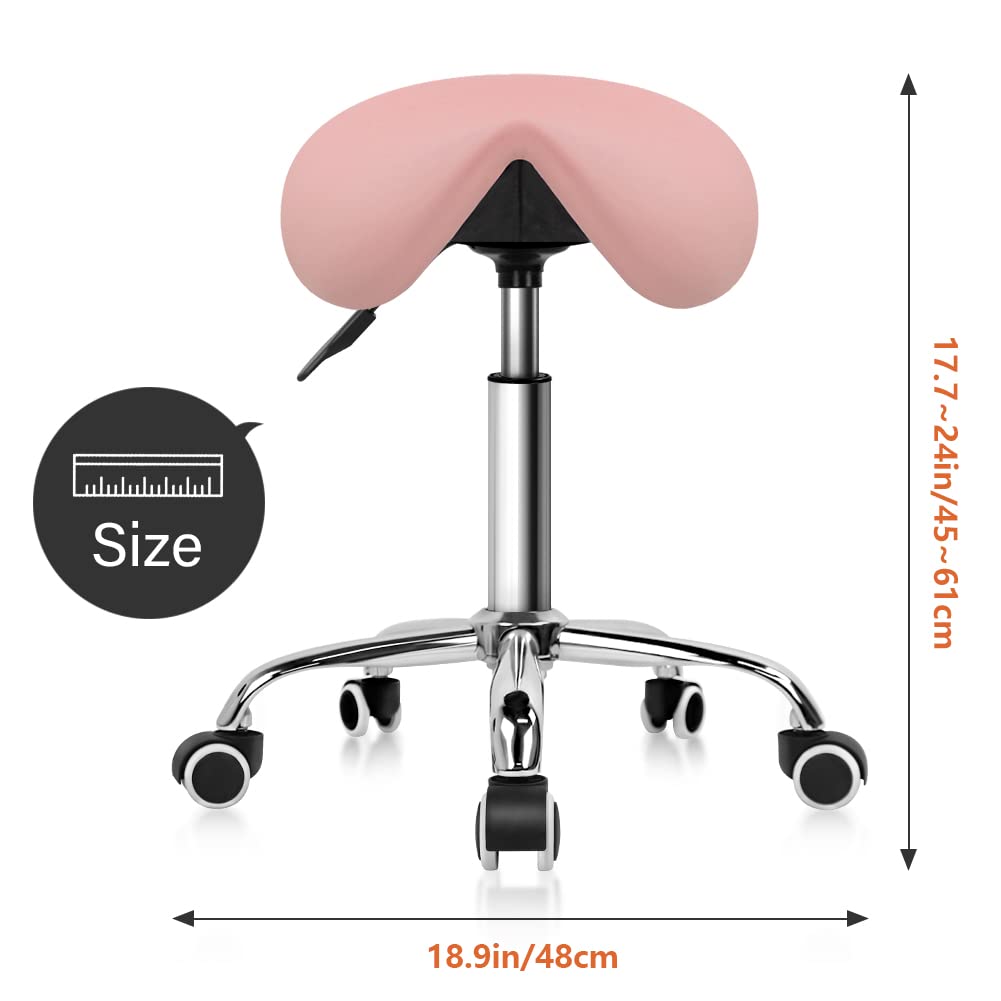 KKTONER Rolling Saddle Stool - Adjustable PU Leather Salon Chair, Pink
