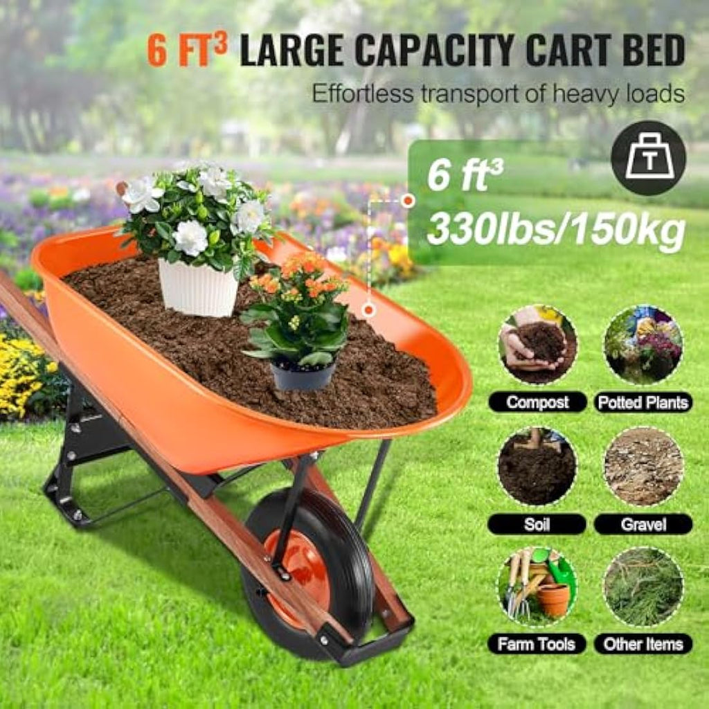 VEVOR 6 Cu. Ft Wheelbarrow – 330 lbs Heavy-Duty Garden Utility Cart