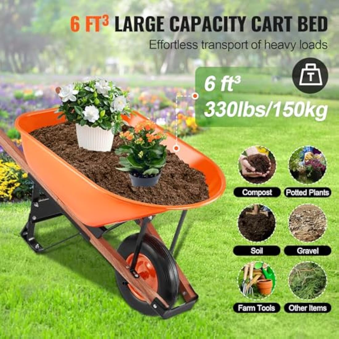 VEVOR 6 Cu. Ft Wheelbarrow – 330 lbs Heavy-Duty Garden Utility Cart
