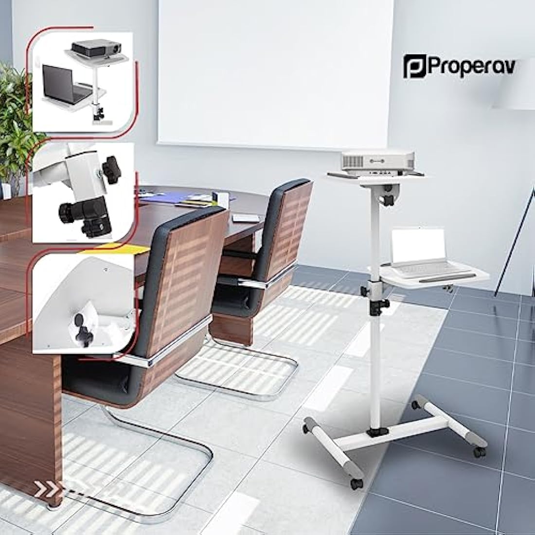 Properav Mobile Desk & Projector Trolley | Adjustable Height – White