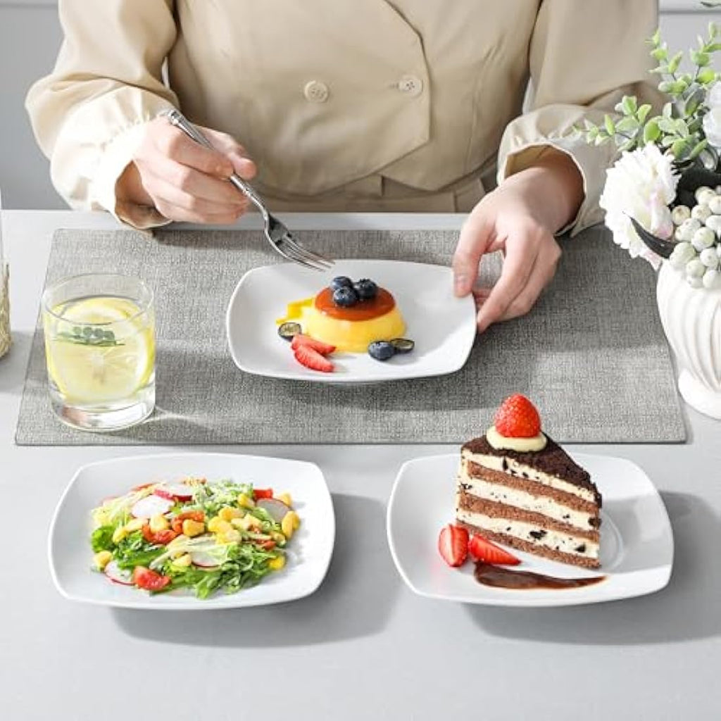 MALACASA 6.5" Square Dessert Plates - Ivory White Porcelain Set of 6