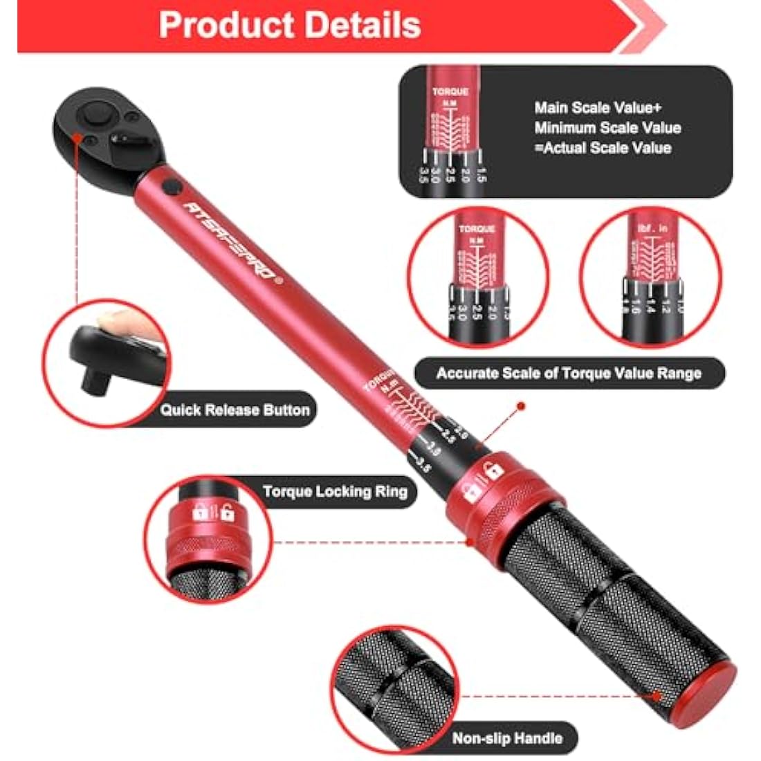 ATsafepro 3/8 Inch Drive Click Torque Wrench, 5-60 Nm for Bike & Auto