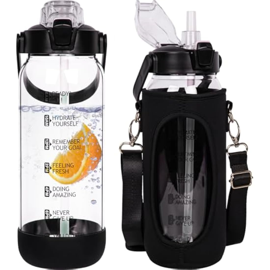 Seekua 2L Glass Water Bottle with Straw | Motivational Time Markings
