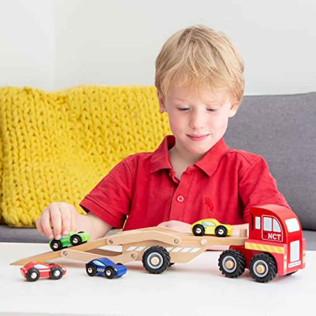 New Classic Toys Wooden Car Transporter - Montessori Toy with 4 Cars