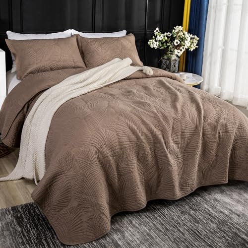 Qucover Cotton Quilted Bedspread Set | Super King Palm Leaf Embroidery